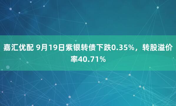 嘉汇优配 9月19日紫银转债下跌0.35%，转股溢价率40.71%